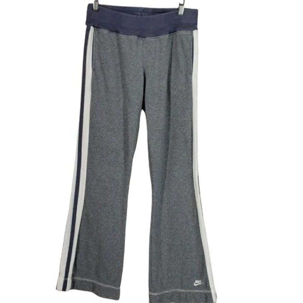 Nike Gray Wide Leg Sweatpants Navy Ribbed Waist Side Stripe XL